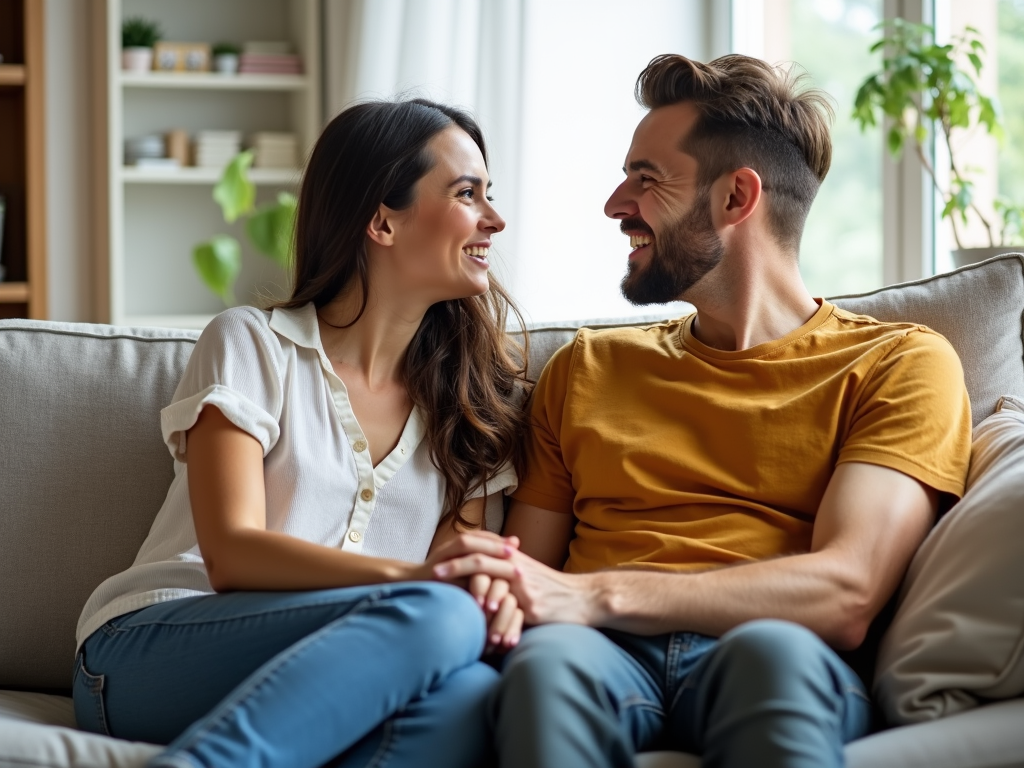 ソファに座り、手をつないで笑顔で話す夫婦