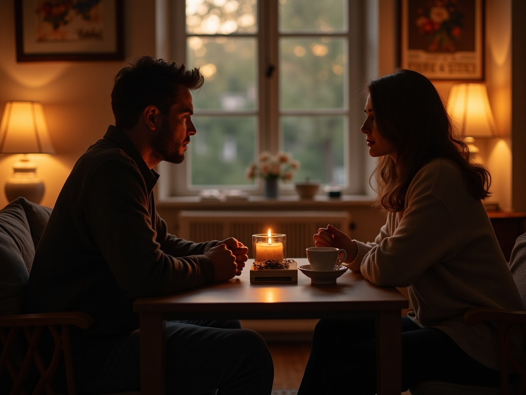 居心地の良いリビングでテーブルを挟んで穏やかに話す夫婦。お茶を手に持つ二人を暖かい照明が包む。