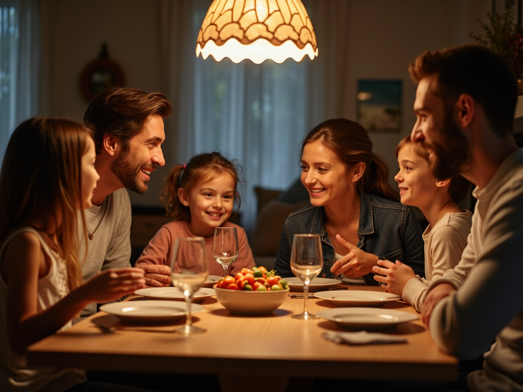 家族が夕食のテーブルを囲んで会話を楽しんでいる様子。温かみのある照明と居心地の良い雰囲気が伝わる。