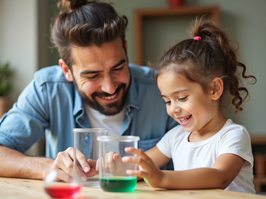 親と子がテーブルで簡単な科学実験を楽しんでいる様子