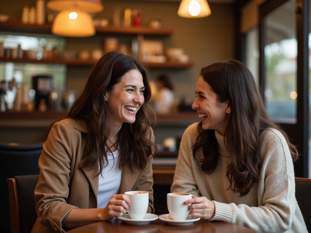 夫婦がカフェでコーヒーを飲みながら笑い合っている様子