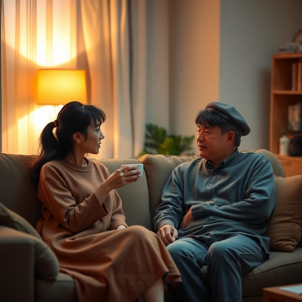 夕暮れ時のリビングで、ソファに座って向き合う日本人夫婦。女性が紅茶のカップを持ち、男性が熱心に耳を傾けている。温かみのある照明が落ち着いた雰囲気を作り、本棚と小さな観葉植物が背景にある。