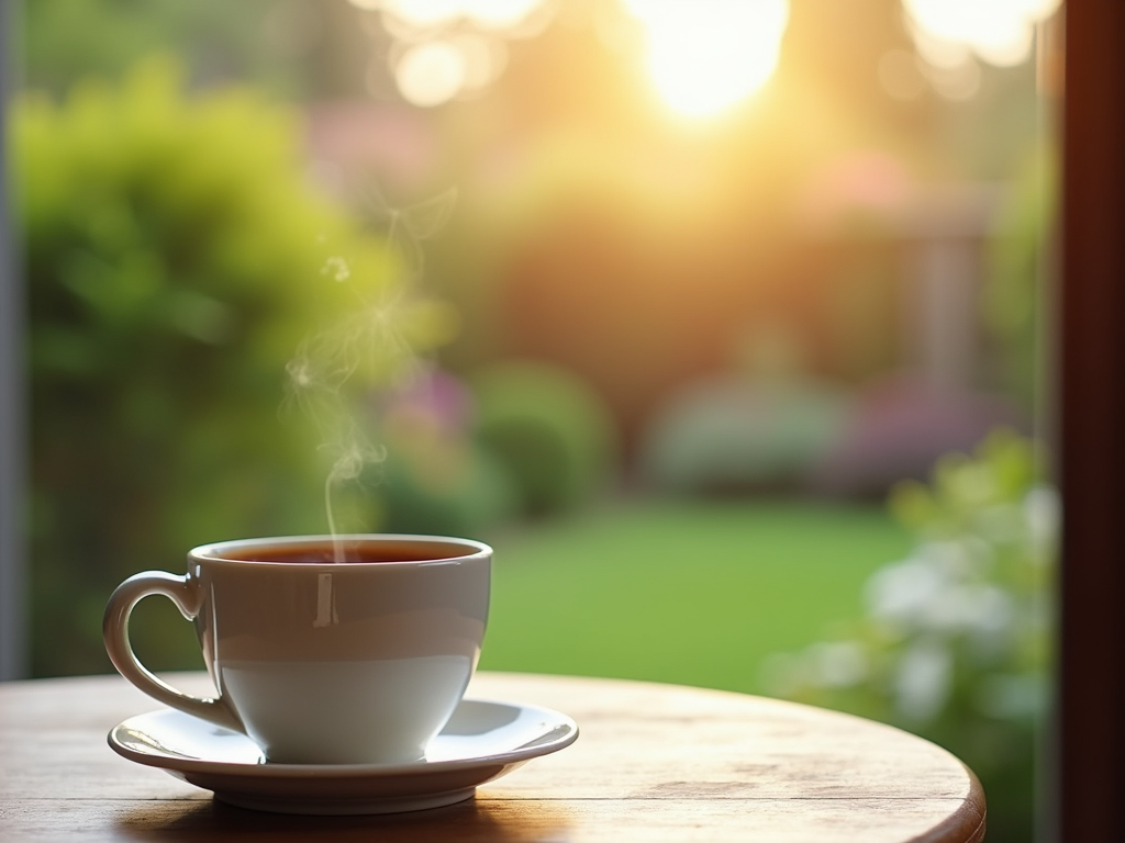 穏やかな週末の朝、庭を見下ろすテーブルに置かれたコーヒーカップ。リラックスと平和な一日の始まりを感じさせる風景。