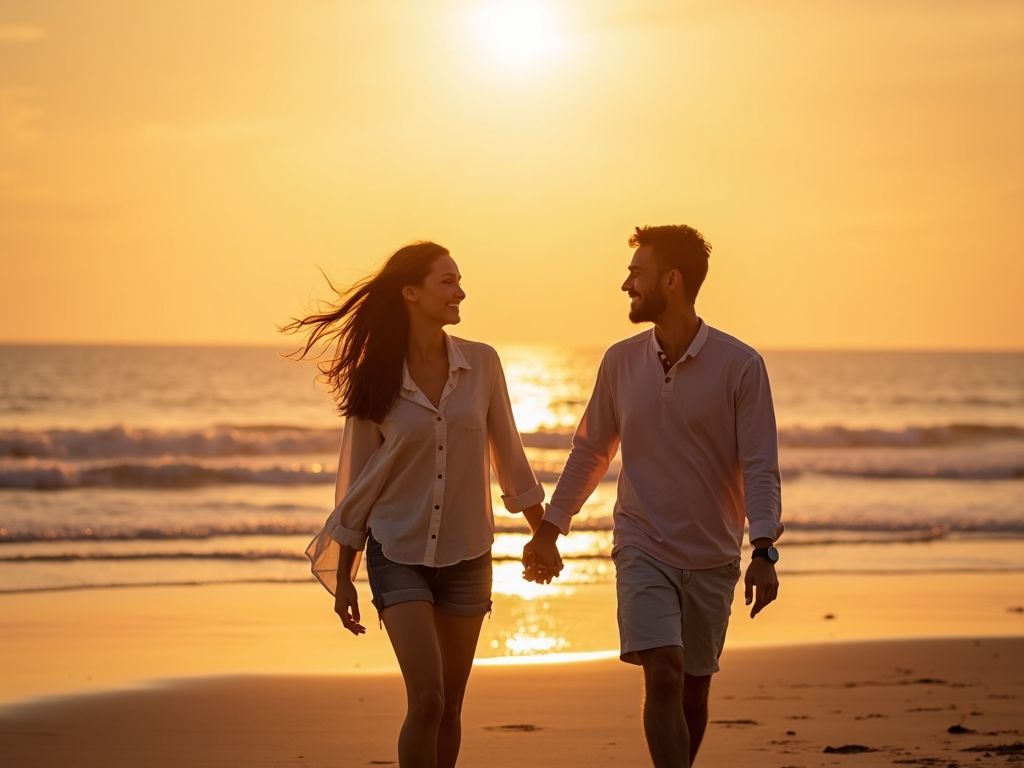 夕暮れのビーチを歩く夫婦