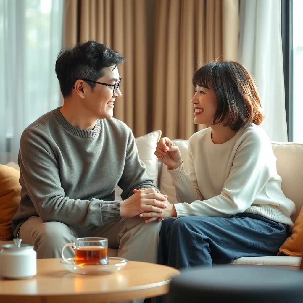 リビングルームで向かい合って手をつなぐ中年の夫婦