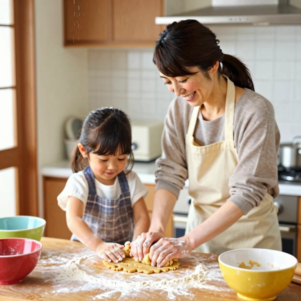 キッチンでクッキー作りを楽しむ母娘