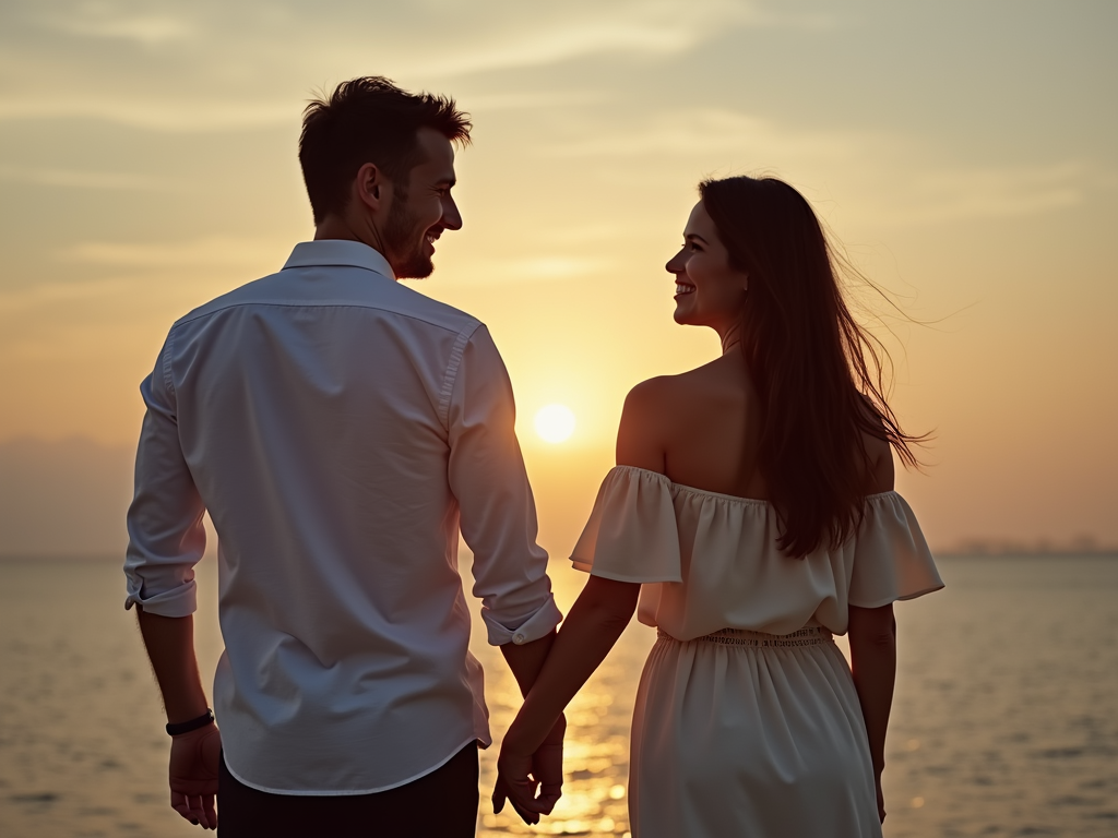 手を繋いで笑顔で向き合う夫婦
