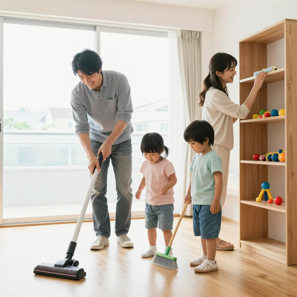 家族みんなで明るいリビングを協力して掃除する様子