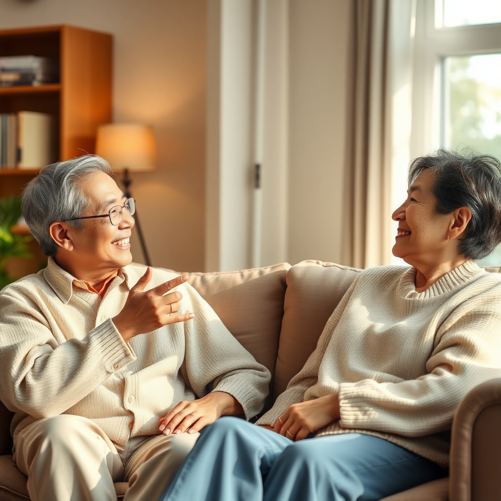 穏やかなリビングで心を通わせる夫婦の対話シーン