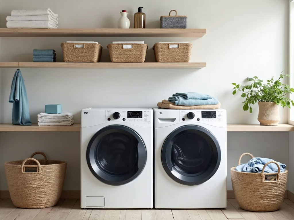 高効率洗濯機と整理された洗濯用品のあるランドリールーム