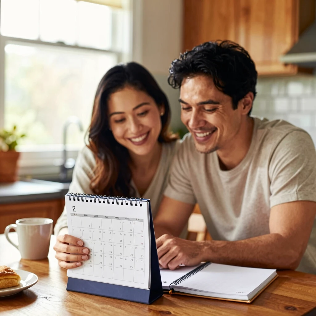 朝のキッチンテーブルで夫婦がカレンダーを見てスケジュールを計画している温かい様子