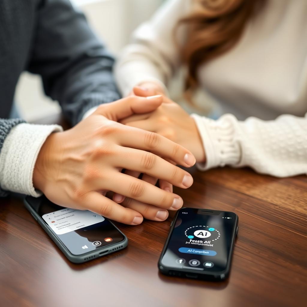 夫婦がテーブル上で優しく手を握り合うクローズアップ。近くに置かれたスマートフォンにはAIコンパニオンアプリが表示されており、信頼と技術のサポートを象徴している。