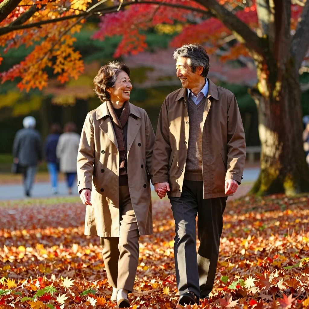 公園を散歩する笑顔の夫婦