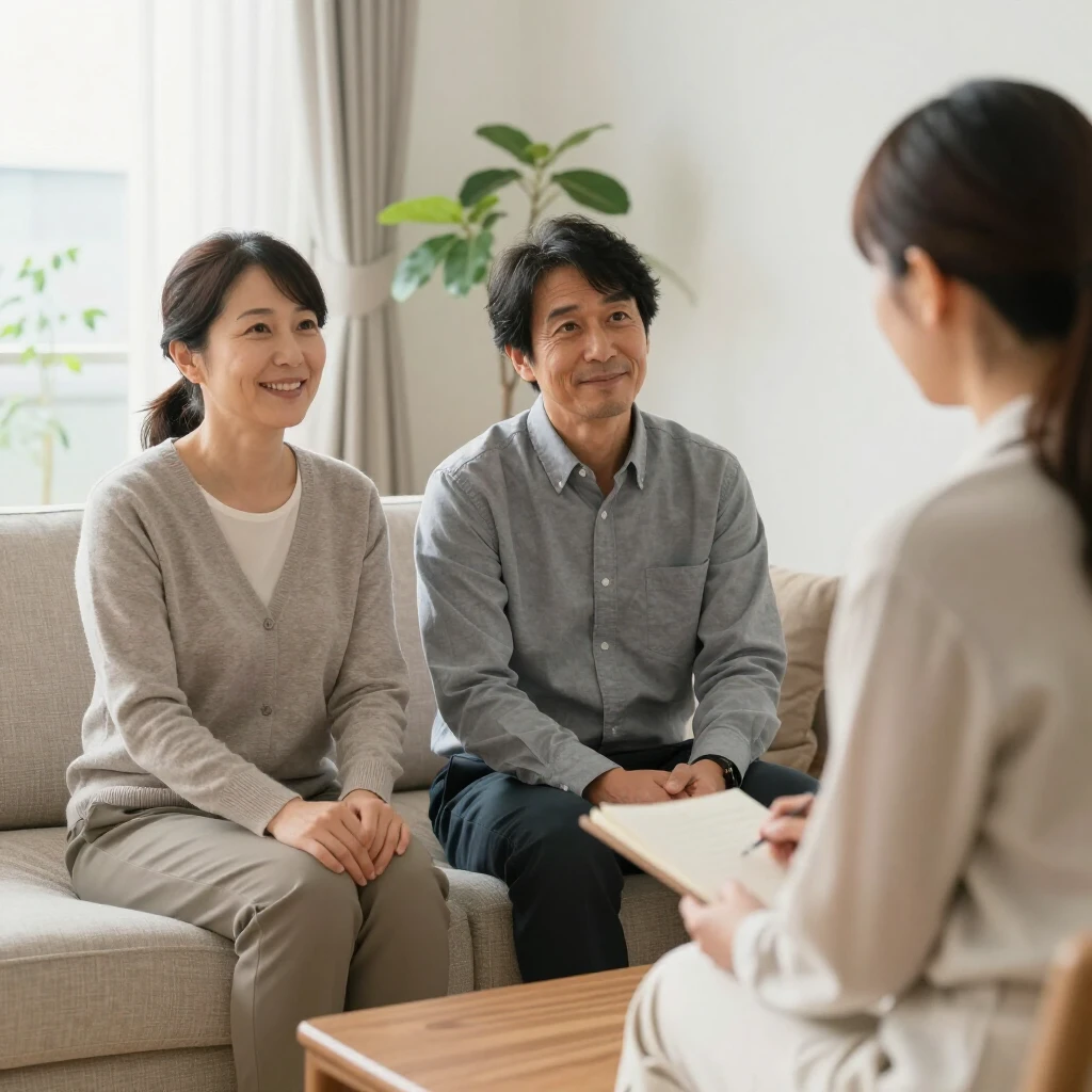 温かいカウンセリングルームで相談する夫婦