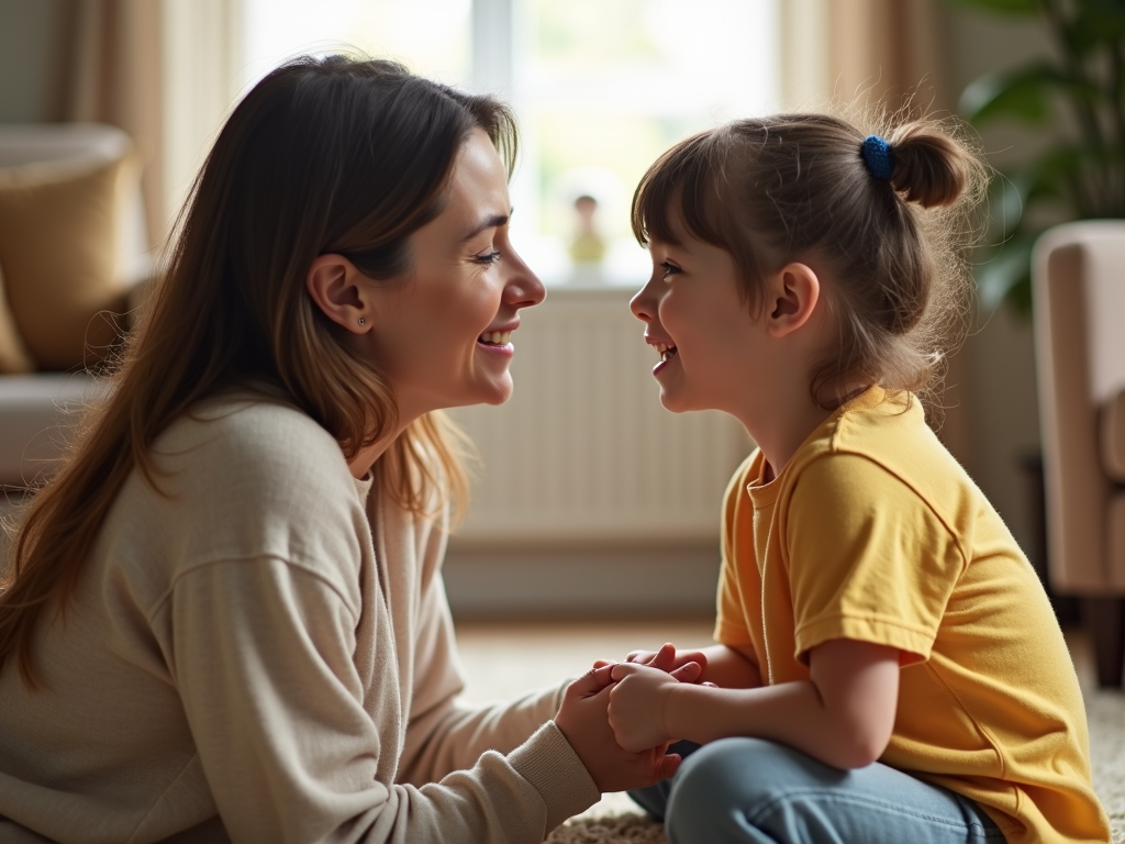親が子供の目線に合わせて優しく話しかける様子