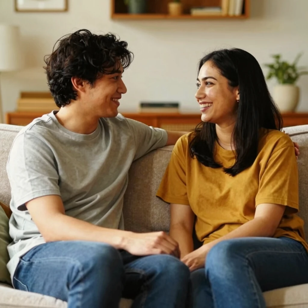 ソファに座って深く会話を楽しむ幸せな夫婦の様子