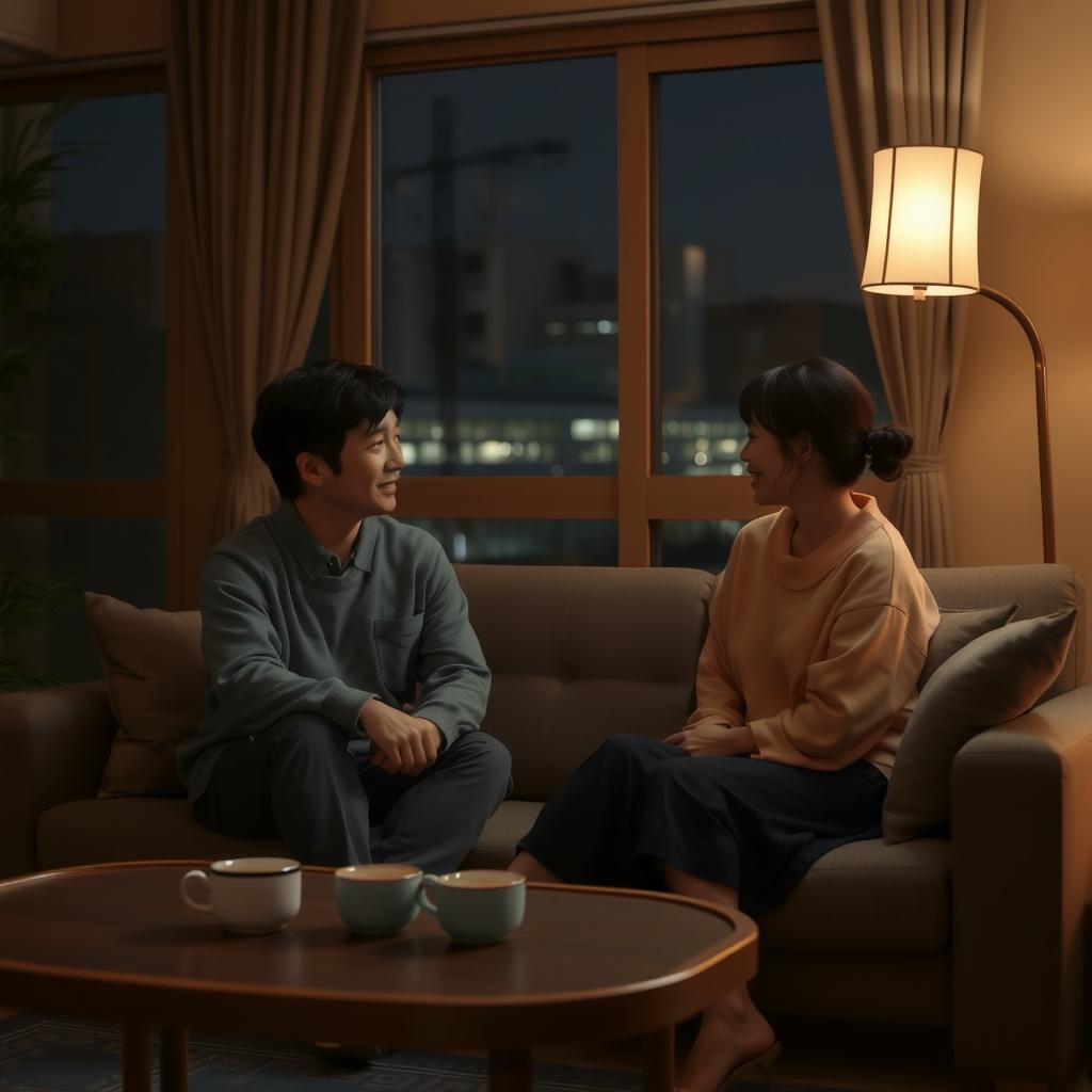 居心地の良いリビングで、ソファに座って向き合い、温かい会話を楽しむ日本人夫婦。部屋は柔らかな光で照らされ、近くのテーブルにはお茶のカップが置かれている。