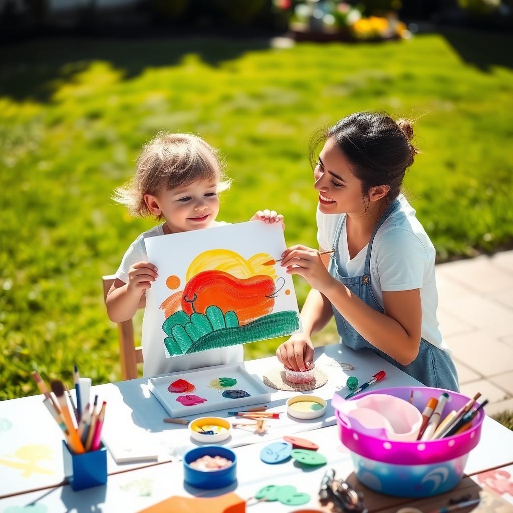 親子が屋外のテーブルで一緒に絵を描いている写真。テーブルには画材が並び、子供が色鮮やかな絵を親に見せている。親は温かく微笑み、背景には緑の芝生と花が咲く庭が広がっている。