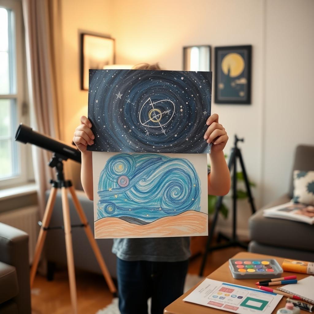 子供が星空の絵を誇らしげに持つ様子。居心地の良いリビングには望遠鏡とアート用品が置かれ、創造的な雰囲気が漂う。