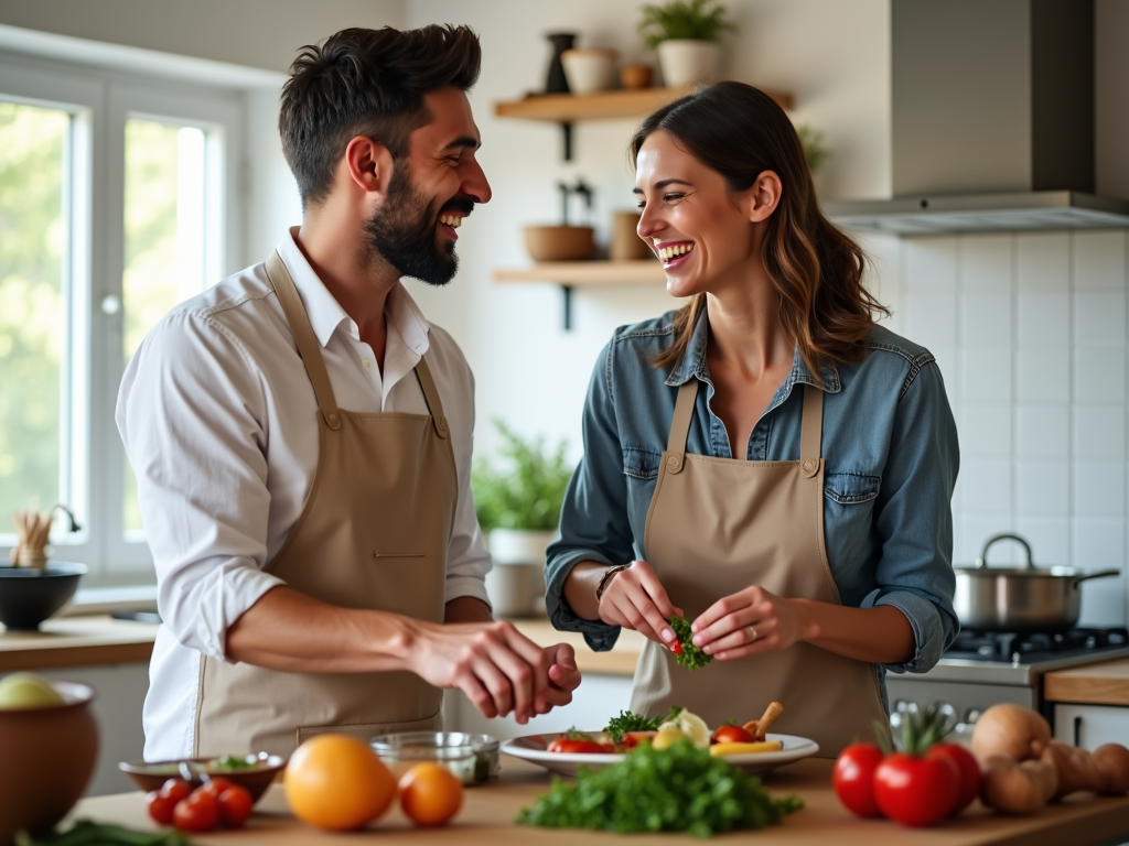 夫婦がキッチンで一緒に料理し、笑いながら材料を渡している様子。明るく活気のある雰囲気。