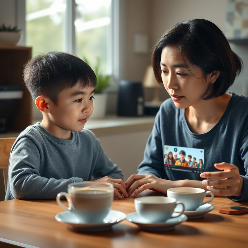 母子で教育動画を見る朝のキッチンシーン