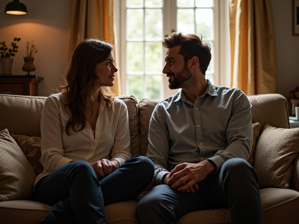 夫婦がソファに座って、向かい合って真剣な会話をしている様子。背景には温かみのある家庭の雰囲気が広がっている。