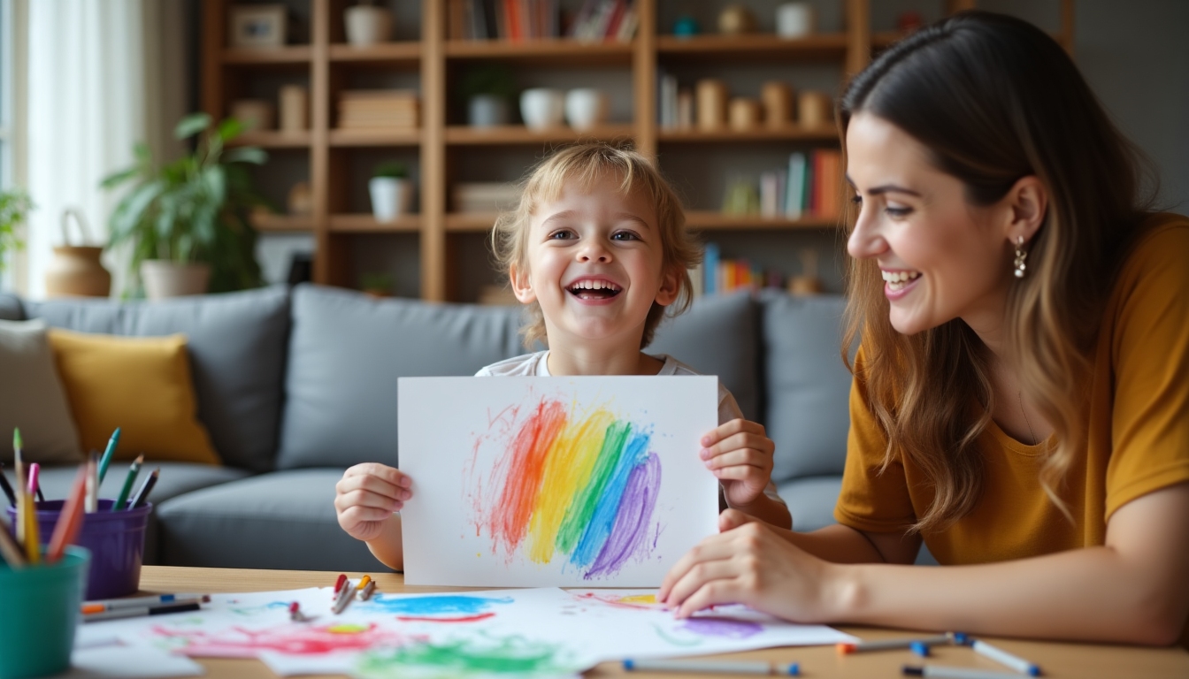 子がカラフルな絵を誇らしげに親に見せている様子。居心地の良いリビングに画材が散らばっている。