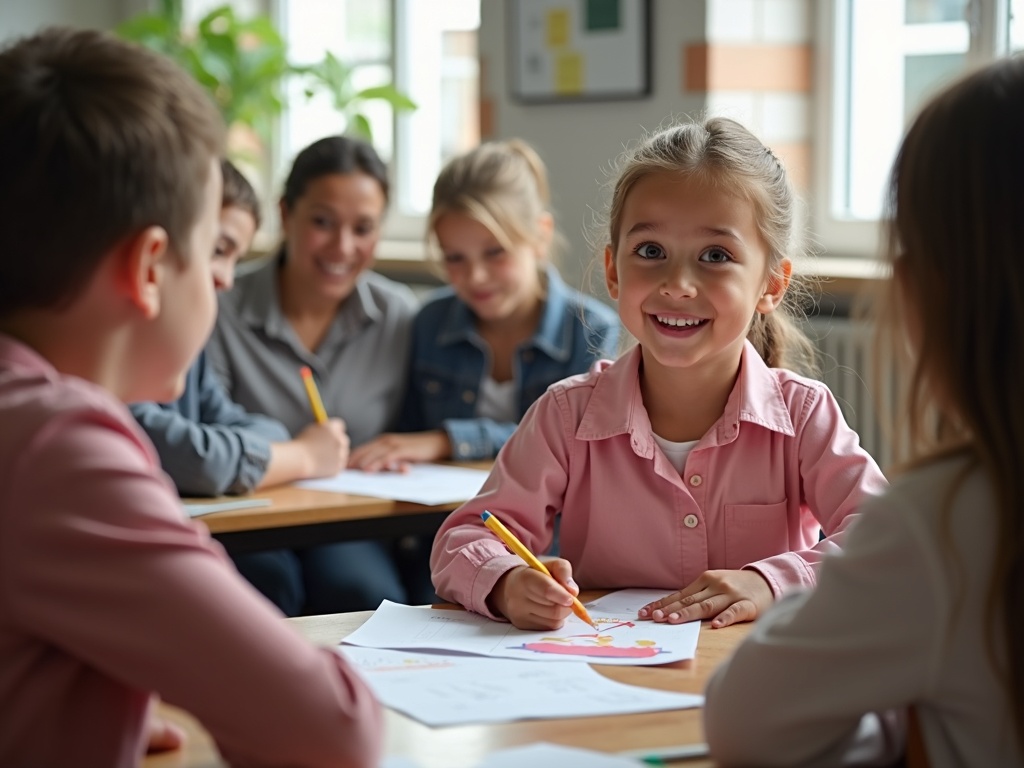 子どもが学校で自信を持って発表している様子