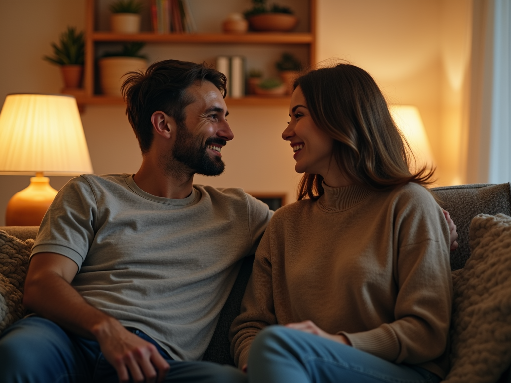 夫婦がソファで穏やかに話している様子