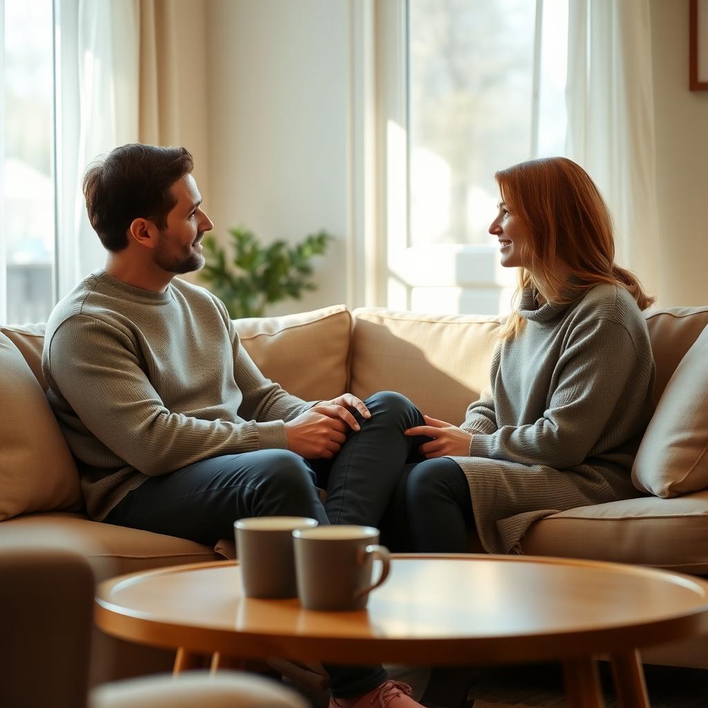 落ち着いたリビングで、夫婦がソファに座り、心から対話している様子。窓から柔らかな光が差し込み、温かみのある雰囲気。
