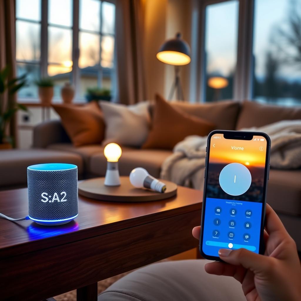 スマートホームのリビングルーム。木製のテーブルにスマートスピーカーがあり、スマート電球の柔らかい光が部屋を照らす。スマートフォンにはホーム制御アプリが表示されている。
