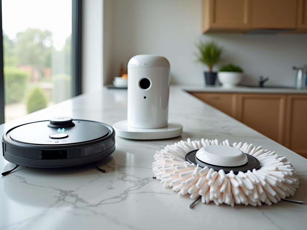 キッチンカウンターに並べられた最新掃除ガジェットのコレクション、ロボット掃除機、スマートモップ、空気清浄機を含む