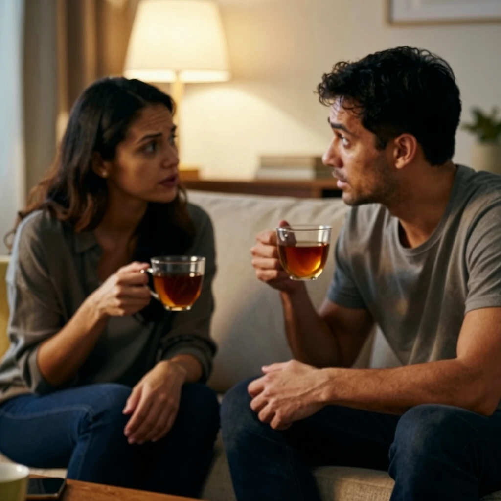 リビングで紅茶を飲みながら深い対話を交わす夫婦
