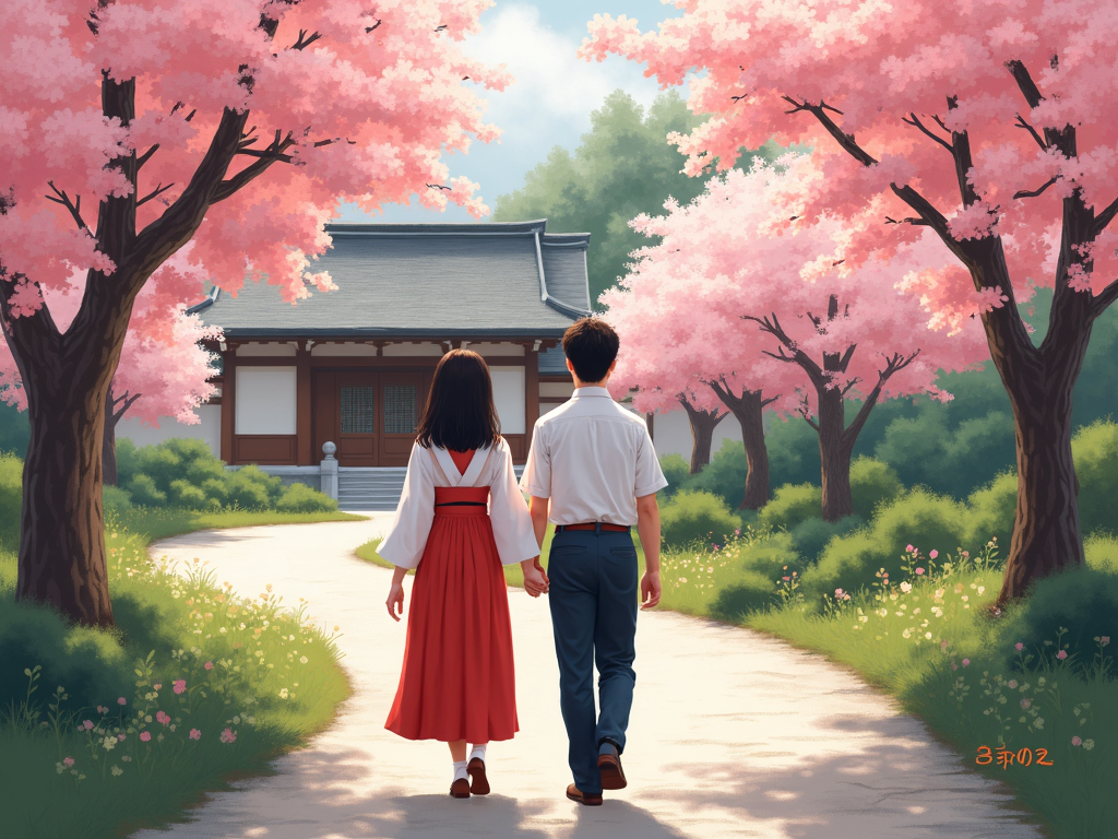 伝統的な日本庭園で手をつないで歩く夫婦