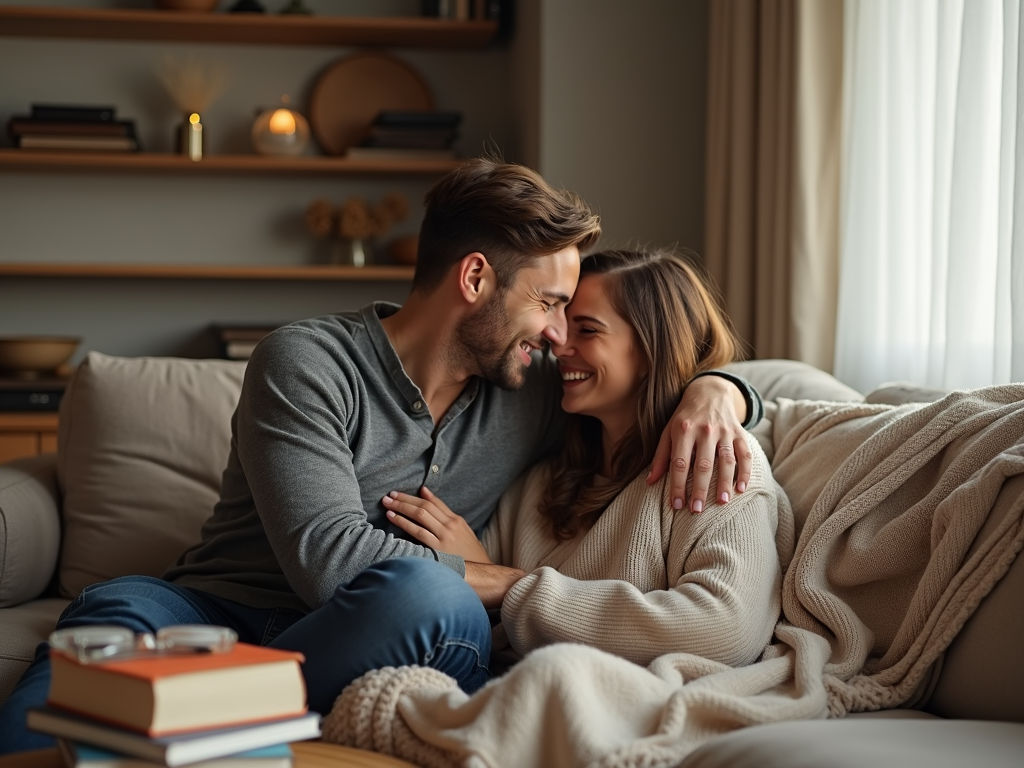 居間で抱き合う夫婦、テーブルには毛布と本