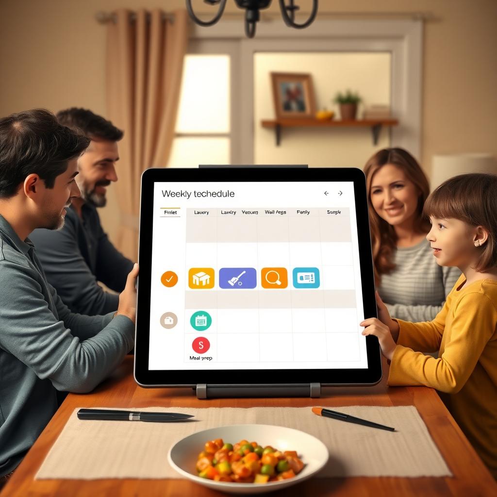 家族がダイニングテーブルを囲み、タブレットに表示された家事スケジュールについて話し合っている。洗濯、掃除機、食事準備のアイコンが含まれ、暖かい照明の居心地の良い雰囲気。