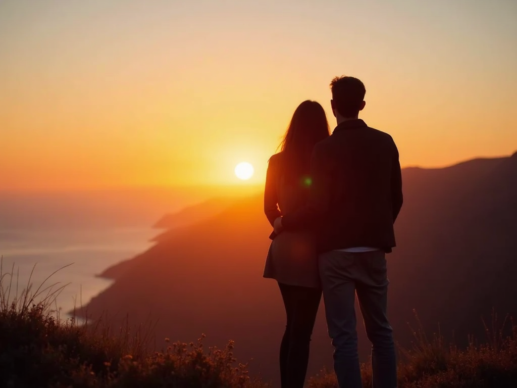 夫婦が夕日を眺めている様子