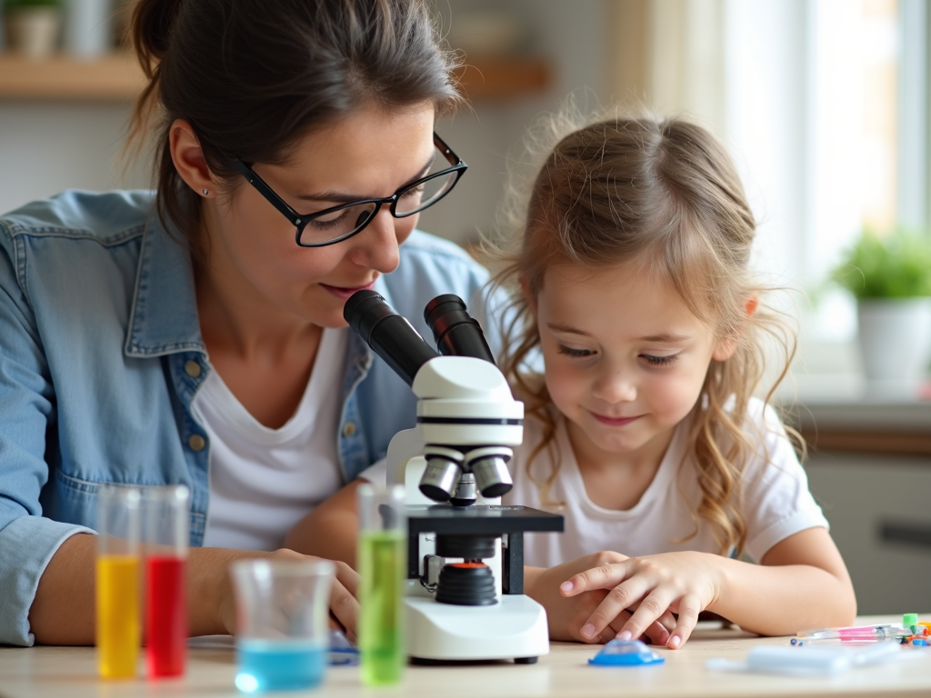親子で科学実験をする様子