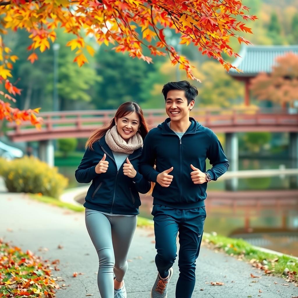 秋の静かな公園で一緒にジョギングする日本の夫婦、色とりどりの落ち葉が周囲に舞う
