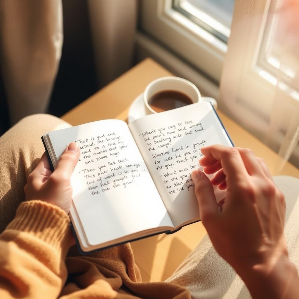 親が子育てについての手書きの振り返りを書いたノートを開いている様子。近くにコーヒーカップがあり、柔らかな日差しが窓から差し込む。