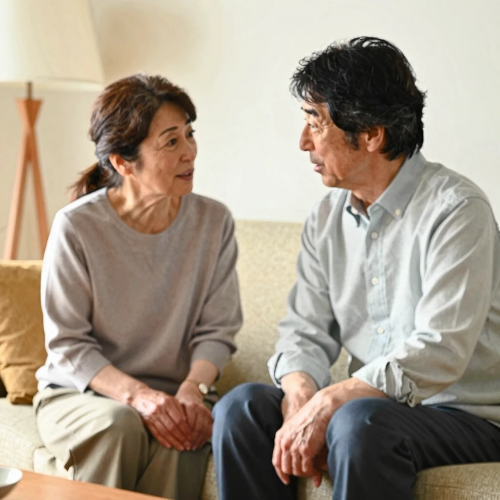 リビングルームのソファで真剣に話し合う中年の日本人夫婦の様子