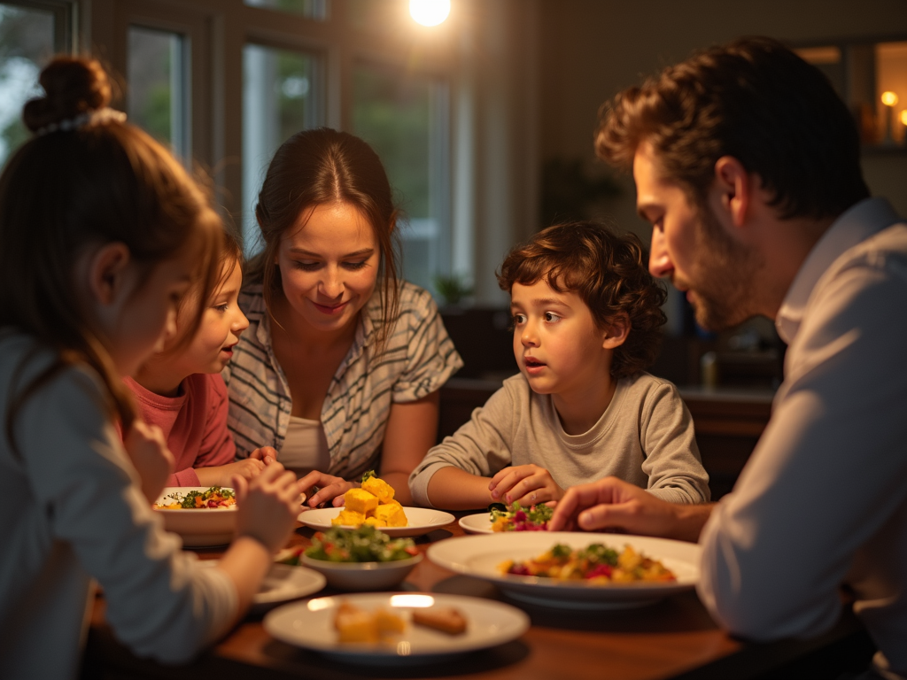 家族が夕食のテーブルで心温まる会話をしている様子