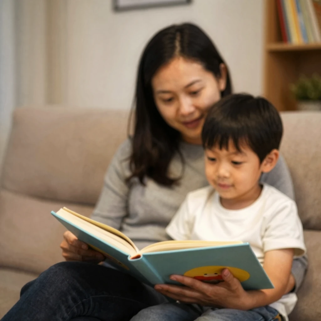 温かい部屋で親子が一緒に本を読む様子