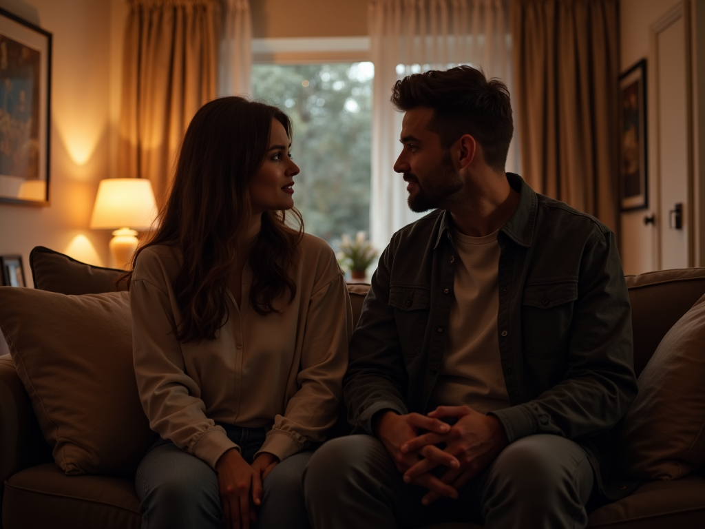 夫婦がソファに座り、向き合って深い会話をしている様子。温かみのある家庭的な背景。