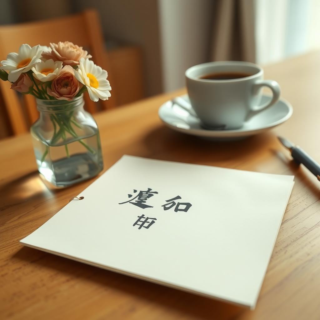 木製のキッチンテーブルに置かれた「いつもありがとう」と書かれた手書きのメモ。そばには花瓶とコーヒーカップ。
