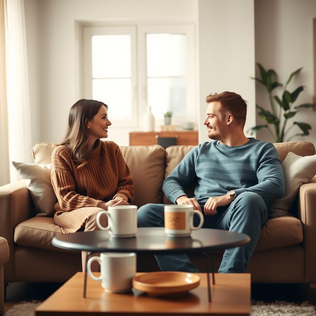 居心地の良いリビングルームで、ソファに座って穏やかに会話する夫婦
