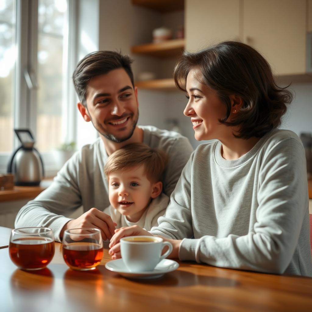 親と子がキッチンテーブルで穏やかに話している写真。親は温かく理解のある表情で子どもの話を聞いている。