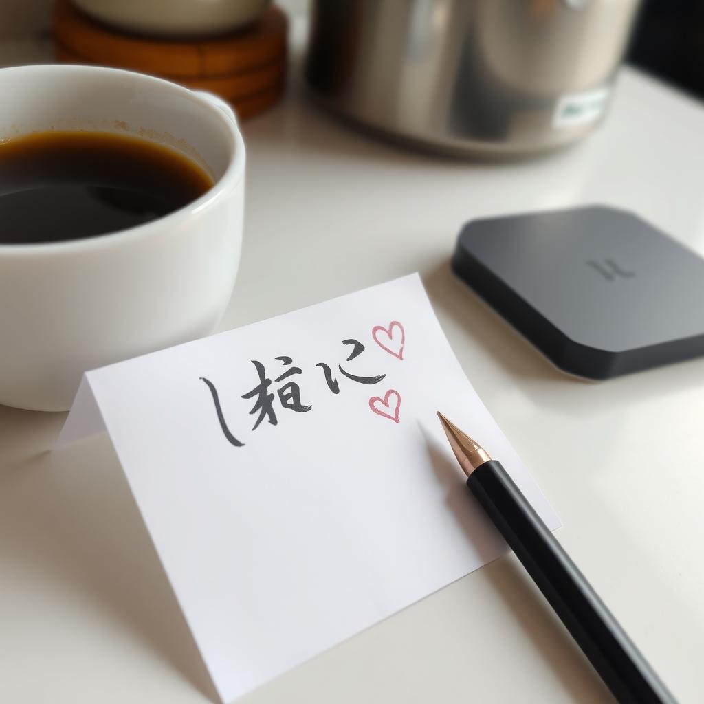 キッチンカウンターに置かれたコーヒーカップの横に、「ありがとう」と書かれた手書きのメモ
