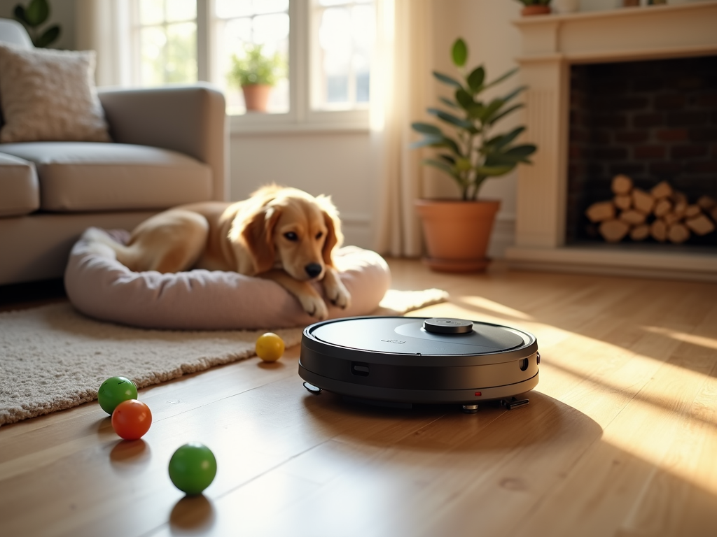 ペットのいる部屋でロボット掃除機が動く様子