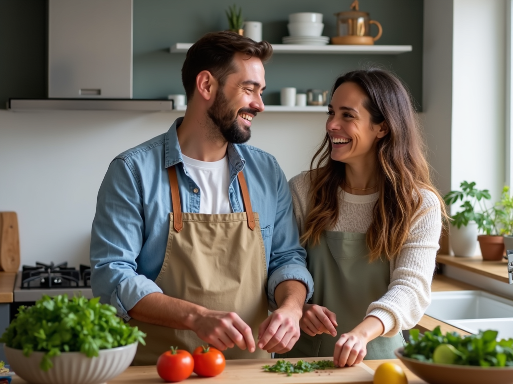夫婦がキッチンで一緒に料理をし、笑いながら楽しんでいる様子
